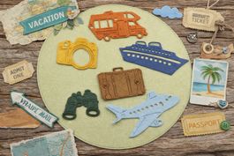 Neues Stanzschablonen-Set  Reise, Schiff, Flugzeug, Koffer