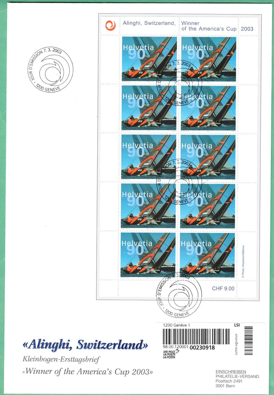 Tutti i francobolli: 2003  FDC mit  Kleinbogen   Alinghi, Switzerland – Usato da Mellingen venduto da Ginger