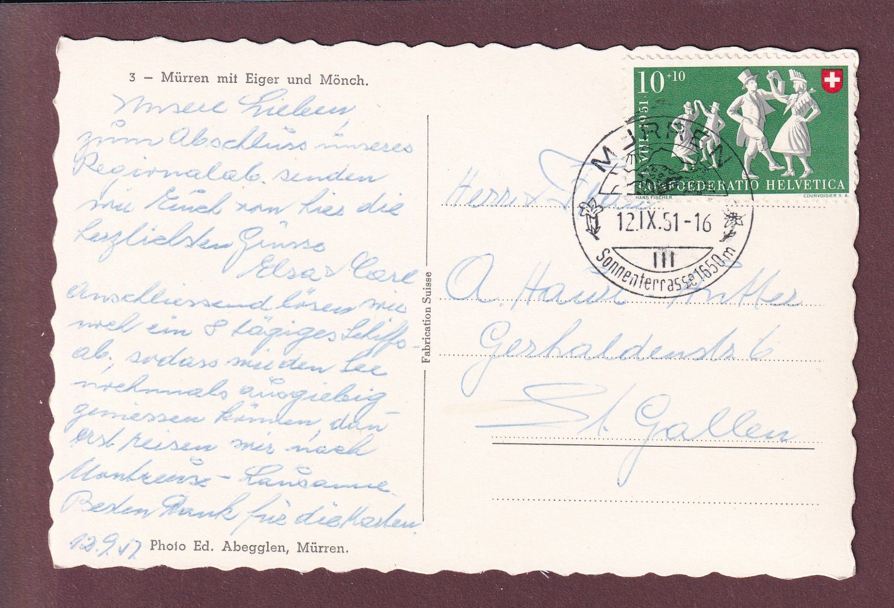 Ansichtskarten: MÜRREN - Eiger - Mönch - 1951 – Gebraucht aus Pully von nicecards 1