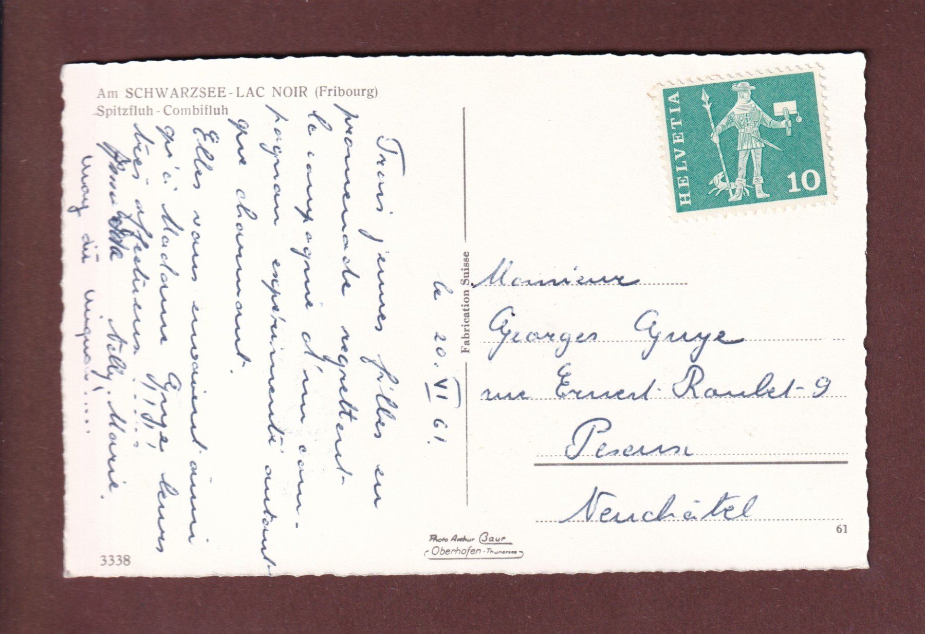 Ansichtskarten: SCHWARZSEE / LAC NOIR - 1961 – Gebraucht aus Pully von nicecards-shop 1