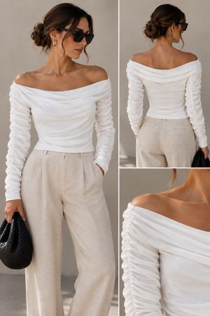 Damen Langarmshirt weiss gerafft schulterfrei neu Gr.S