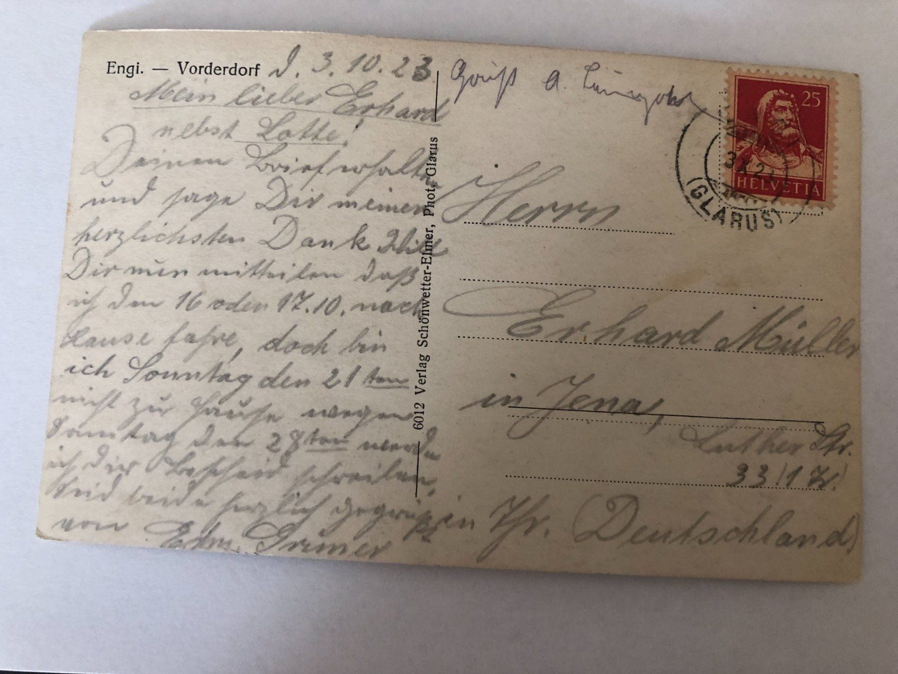 Cartoline postali: Ansichtskarte Engi  Vorderdorf mit Stempel 3.10.23 GLARUS – Usato da Pfäffikon ZH venduto da Waltoversand 1
