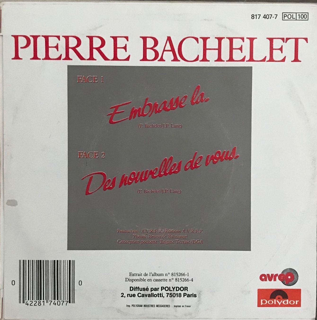 Vinyles: PIERRE BACHELET - EMBRASSE LA – D'occasion à Bussigny par vinyl-pas-cher 1