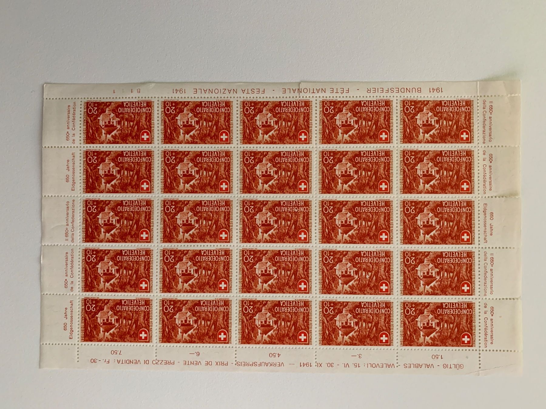 Tutti i francobolli: Pro Patria 1941 Satzbogen postfrisch siehe Bilder. – Usato da Willisau venduto da Repfuesch 1