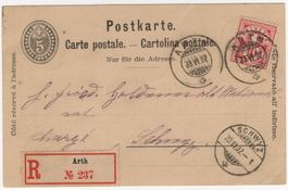 5 Rp. Postkarte mit 10 Rp. Wertziffer per Chargé von ARTH