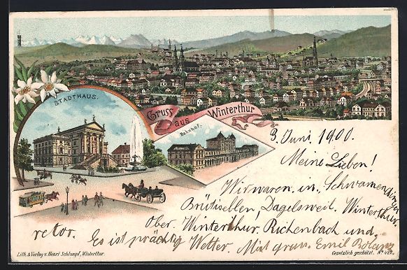 Ansichtskarten: Litho Winterthur, Teilansicht, Stadthaus – Gebraucht aus Berlin von bartko-reher