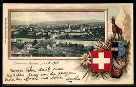 Präge-AK Aarau, Totalansicht aus der Vogelschau, Wappen und 