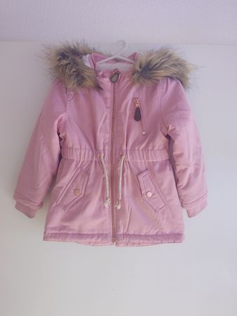 Mädchen Jacke rosa mit Kapuze und Fellimitat, Grösse 86