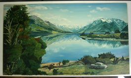 M. Lippuner 1962 Ansicht von Onau Neuseeland Oel auf Pavatex