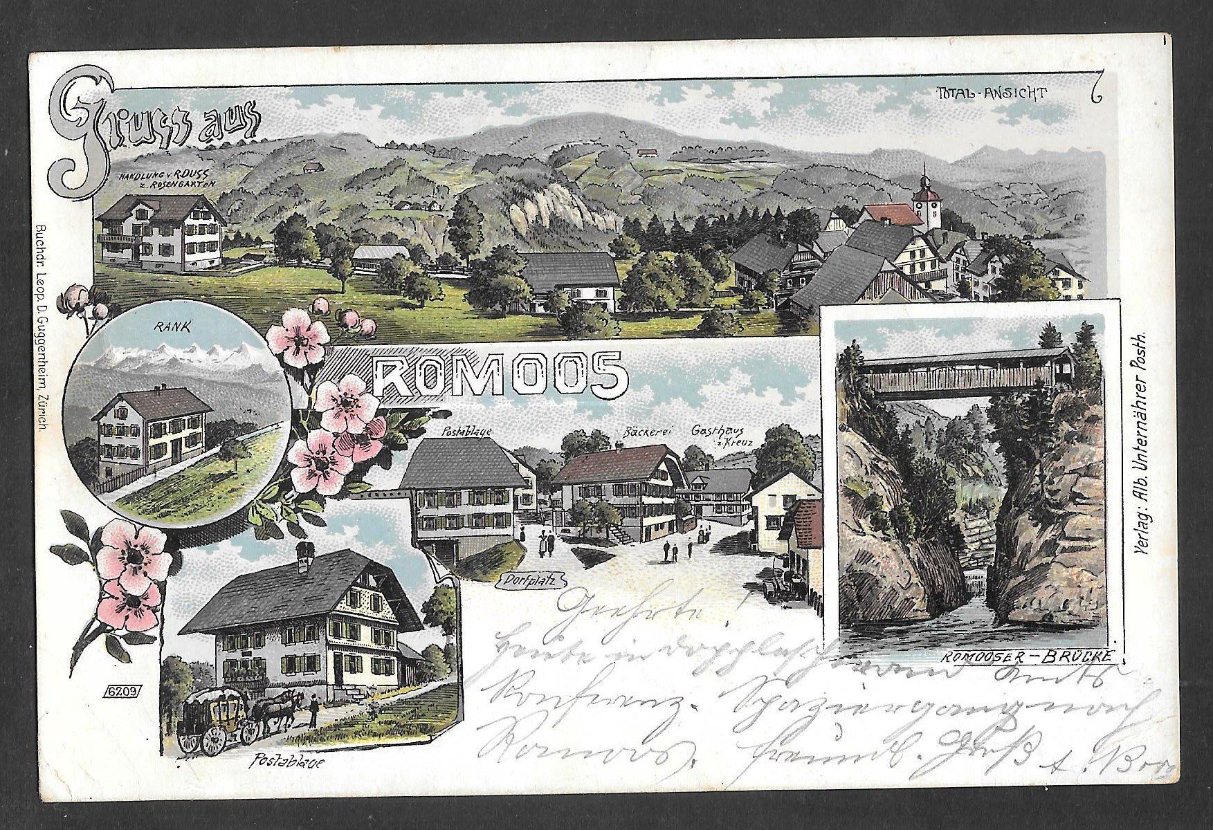 Ansichtskarten: Romoos farbige Lithografie 5 Bilder Postablage Rank etc. – Gebraucht aus Olten von clotaldi