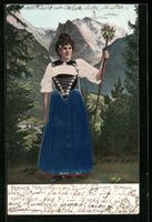 Litho Frau in Berner Tracht vor Bergpano