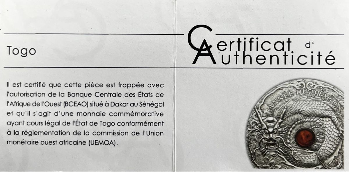 Tutti le monete: Togo 1500 Francs CFA Dragon 2012 2oz Silber  – Nuovo (secondo la descrizione) da Safenwil venduto da reppto63 2