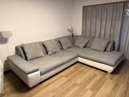 Ecksofa Stoff grau Lederoptik weiss guter Zustand