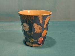 Rice Becher, Tiere und Blumen, aussen blau, innen Eierschale