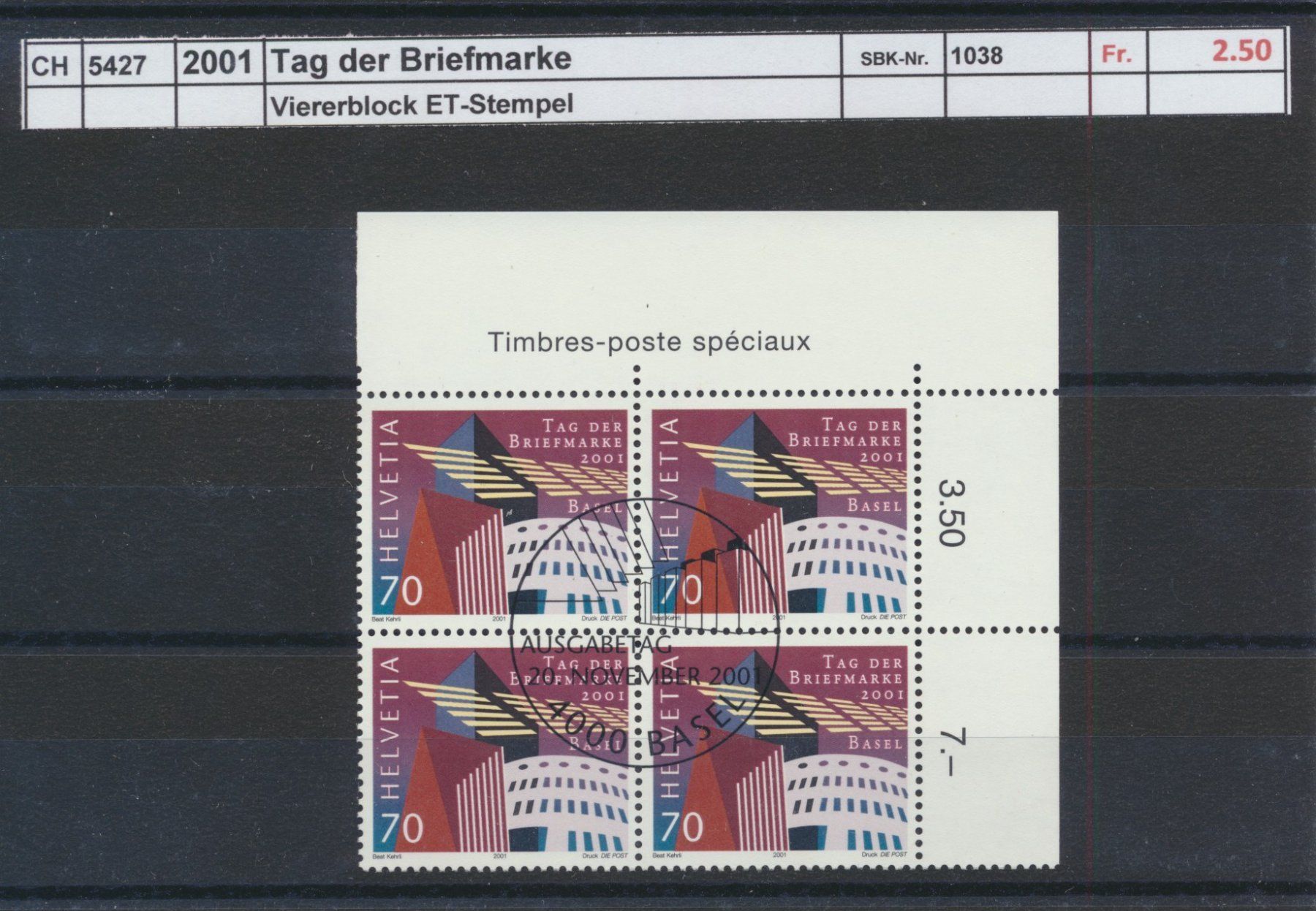 Alle Briefmarken: 2001 "Tag der Briefmarke", Viererblock, ET - Stempel – Gebraucht aus Winterthur von Zupogeru