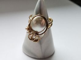 Vintage Goldring aus 925 Silber mit grosser Perle, Gr. ca. 5