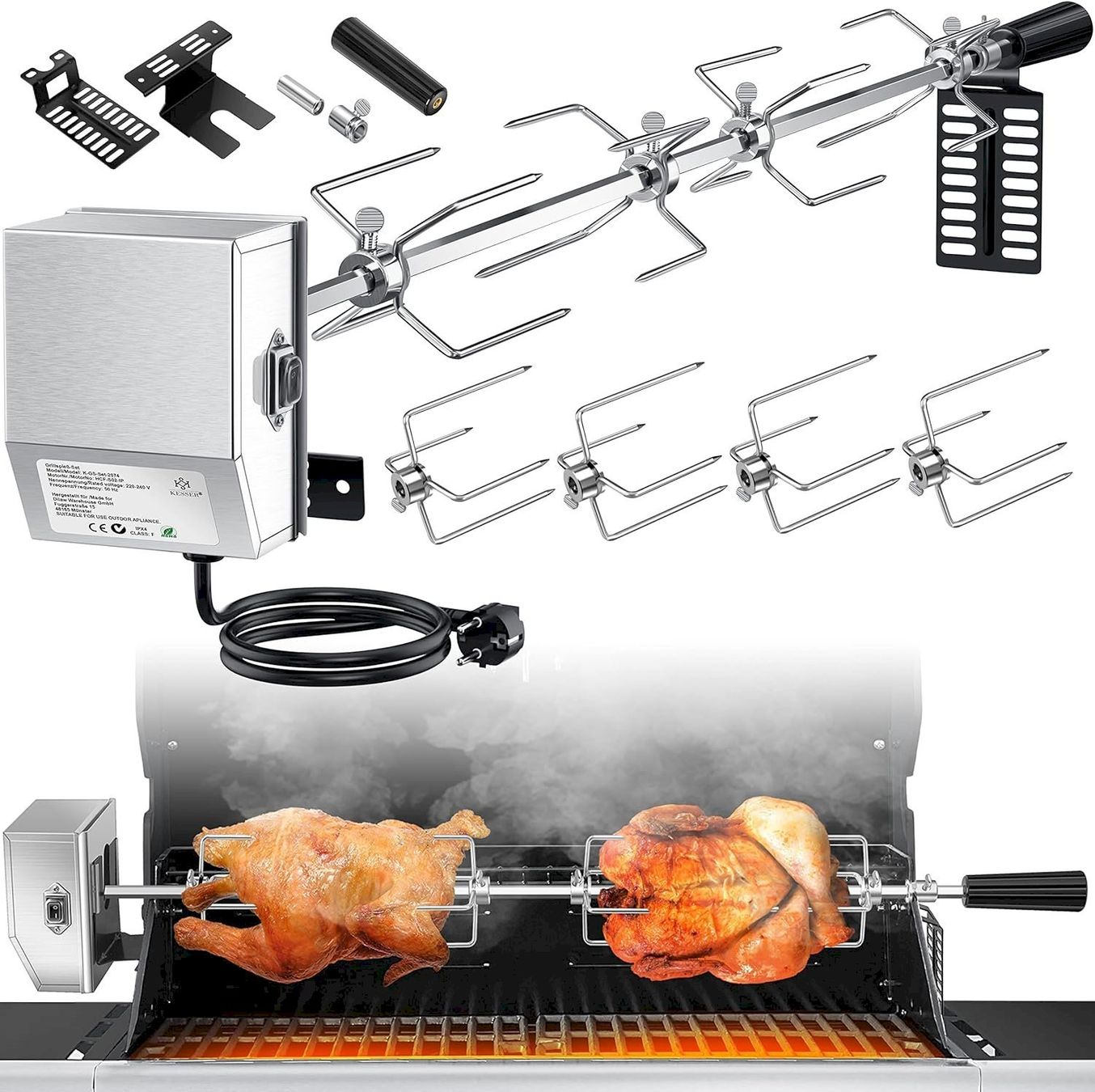 Grillzubehör: Motor-Grillspieß Set Edelstahl BBQ 116cm – Neu und originalverpackt aus Bottighofen von zaap
