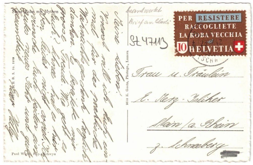 Cartoline postali: Stoos - Standseilbahn mit Mythen – Usato da Binningen venduto da Mountainrider 1