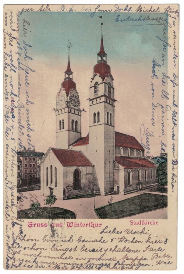 Cartoline postali: Gruss aus Winterthur, Stadtkirche, gelaufen 1904 – Usato da Frauenfeld venduto da POML