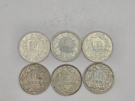 Schweizer Silbermünzen, 1 Fr. Jahrgänge 1961-1968 (6 St.)