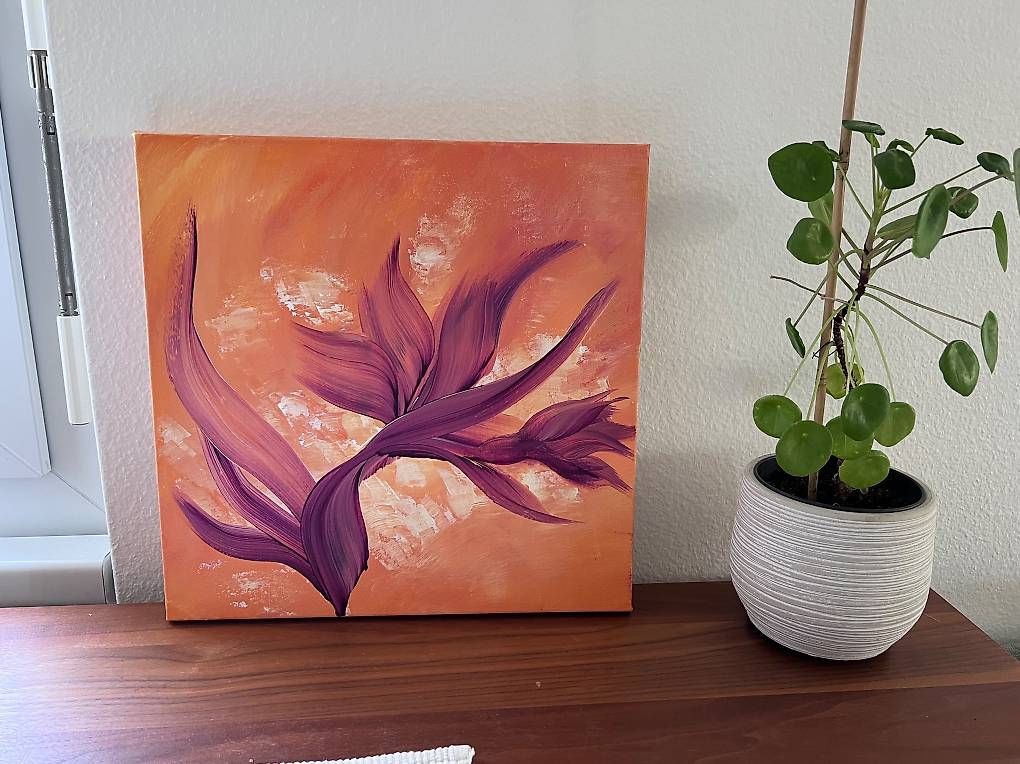 Dipinti: 40x40cm Bild orange-violett "Smiling Flower" – Nuovo e nell'imballaggio originale da Urdorf venduto da manuela4