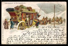 Litho Gebirgspost im Schneesturm, Postku