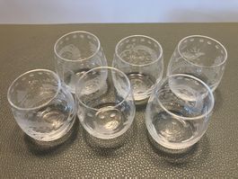 6 antike Schnapsgläser, Kristallglas, graviert Jagdmotive