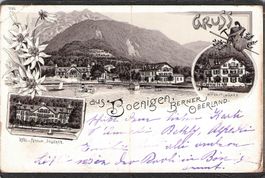#Lithografie Gruss aus Boeningen Berner Oberland , gel. 1896