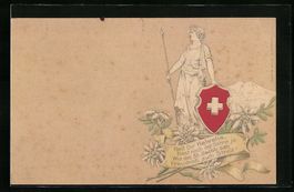 Präge-AK Helvetia mit Wappen und Speer,