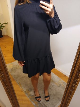 Black Dress High Neck Long Sleeve Ruffle Hem Size S