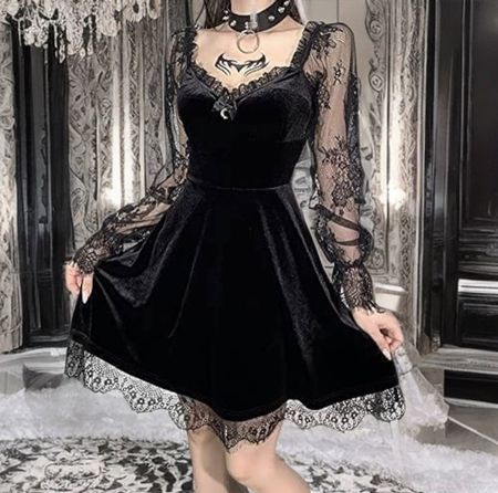 Kleid Samt Spitze schwarz Grösse L - XL neu