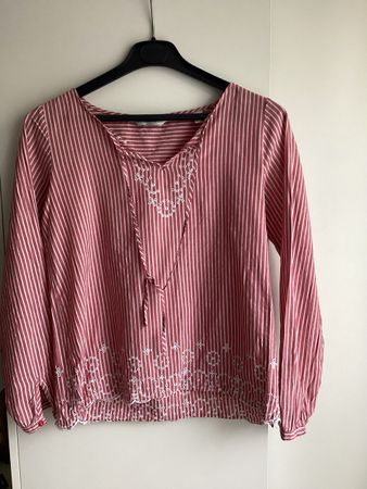 Damen Bluse gestreift rot weiss Stickerei Grösse S Baumwolle