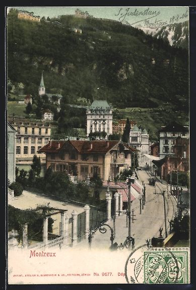 Cartoline postali: Montreux, Strassenpartie mit Passanten – Usato da Berlin venduto da bartko-reher