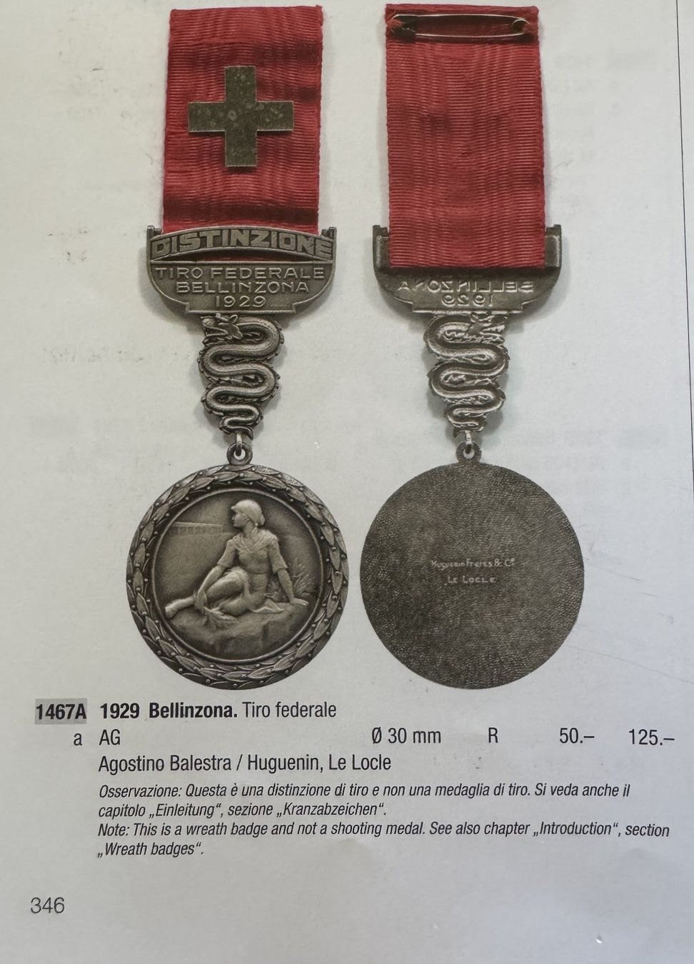 Medaillen: 1929 Kranzabzeichen Bellinzona Silber 0.900 – Gebraucht aus Kirchberg SG von Helveticus00 2