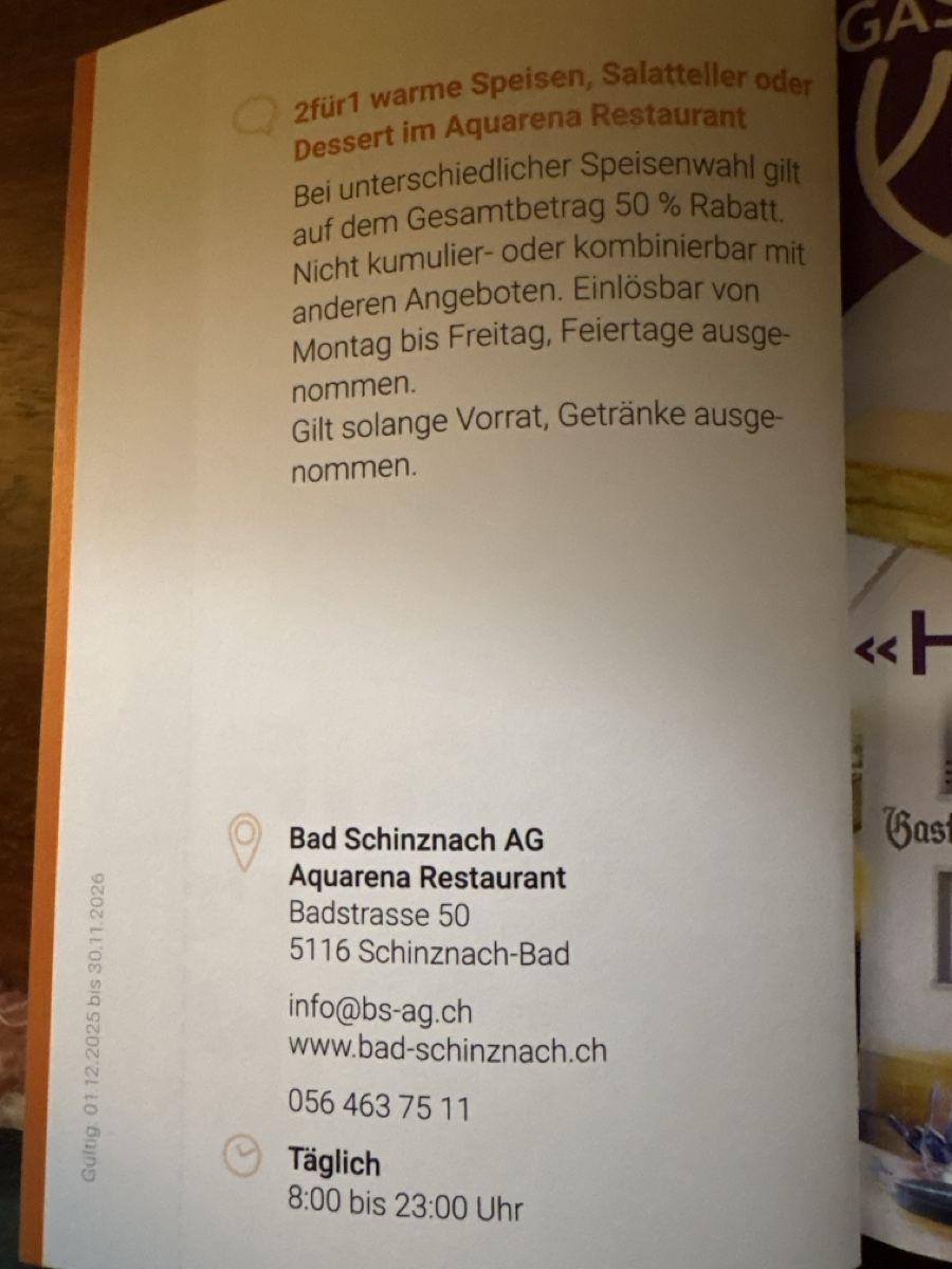 Buoni: Bon 2 pour 1 a Aquarena Restaurant  – Nuovo (secondo la descrizione) da Düdingen venduto da Yellow 1