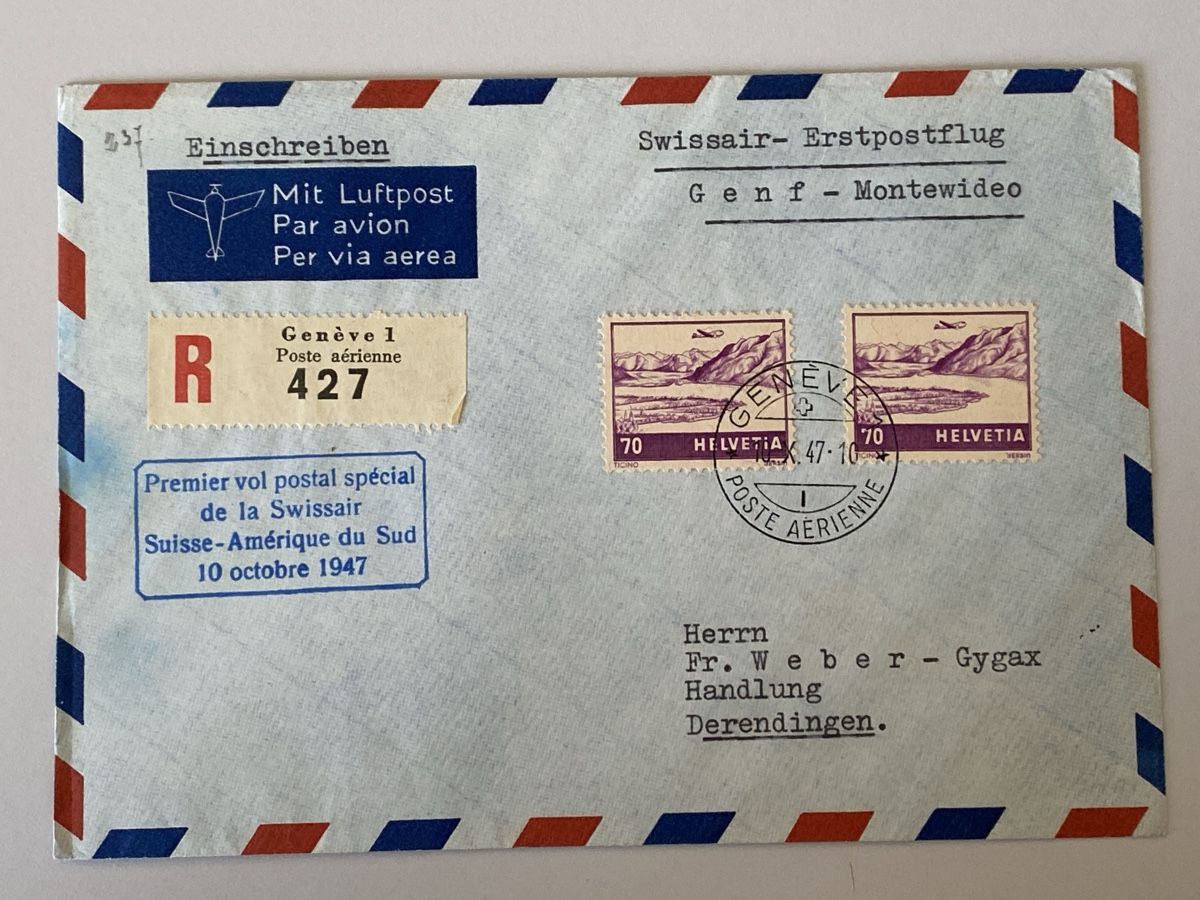 Tutti i francobolli: Swissair Erstflug 1947 Briefumschlag – Usato da Küssnacht a. Rigi venduto da Unique-Valuable