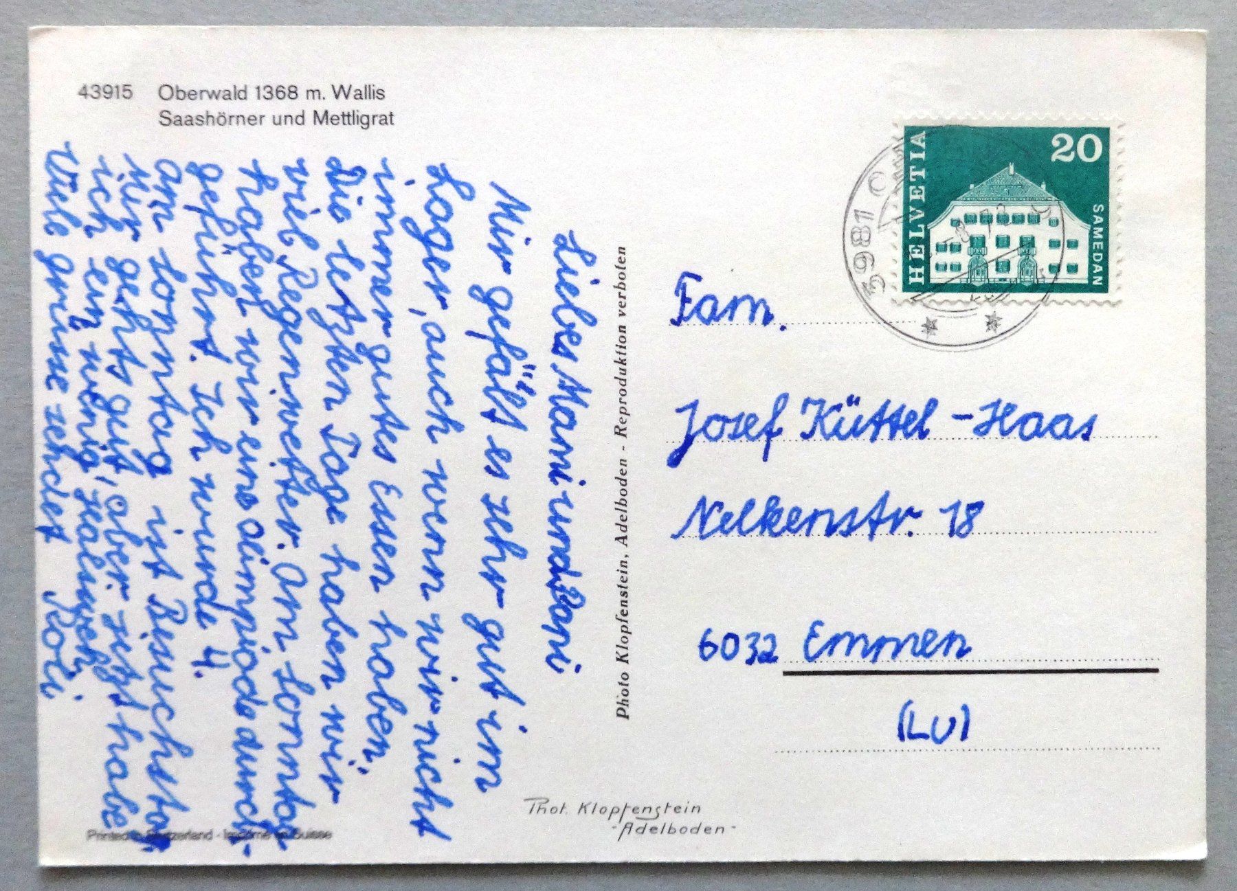 Cartoline postali: Oberwald 1368 m, Wallis – Difettoso da Fétigny venduto da Billy2miny 1