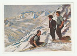 Postkarte mit Skifahrern in Schweizer Alpen bei Föhnwind