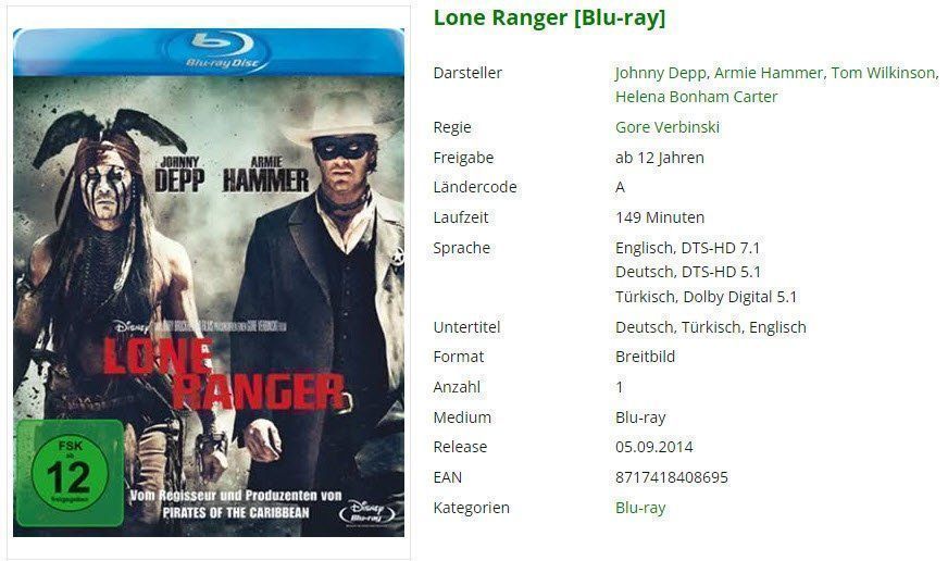 Tutti i DVDs: Lone Ranger [Blu-ray] – Usato da Buchrain venduto da Sssschaller