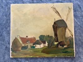 peinture d'un moulin, sans cadre signé par le peintre