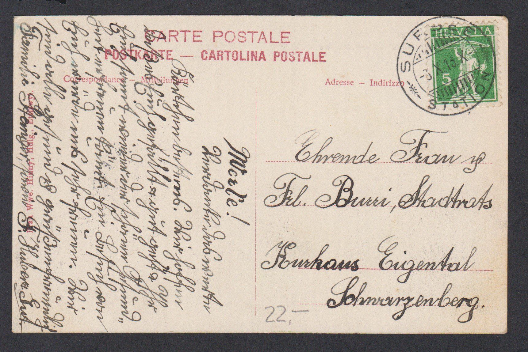 Cartoline postali: Ettiswil  LU   :   alte Ansichtskarte von 1913 – Usato da Vitznau venduto da Ropaku 1