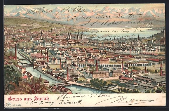 Cartoline postali: Lithographie Zürich, Teilansicht, 1909 – Usato da Berlin venduto da bartko-reher