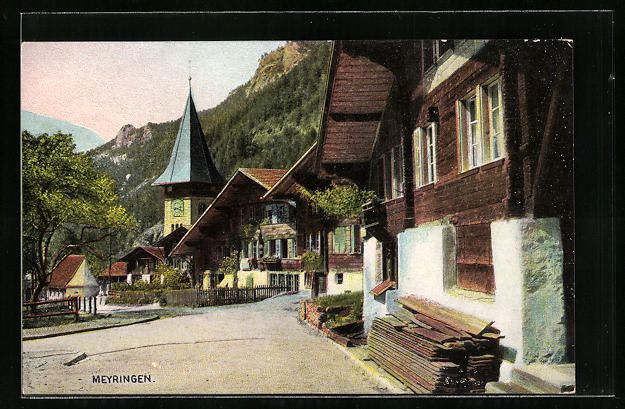 Cartoline postali: AK Meyringen, Strassenpartie mit Kirche – Usato da Berlin venduto da bartko-reher