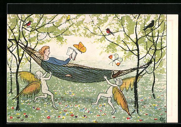 Cartoline postali: Ernst Kreidolf: In der Hängematte, Moti – Usato da Berlin venduto da bartko-reher