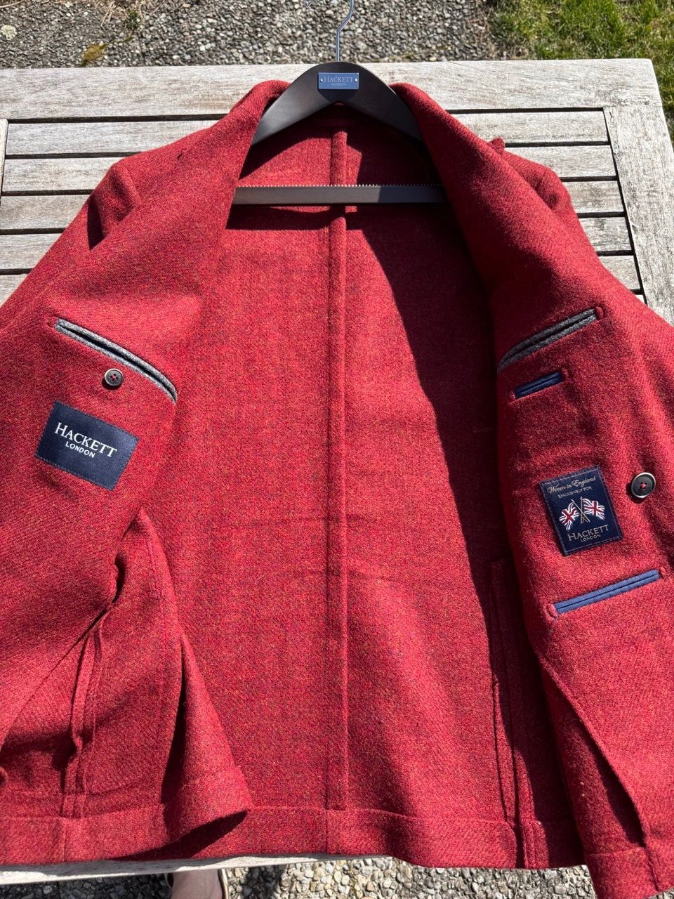 Hackett Giacche: Hackett Jacket / Sakko, Doppelreiher, Tweed Korallrot – Usato da Schlieren venduto da Timsonsan 1