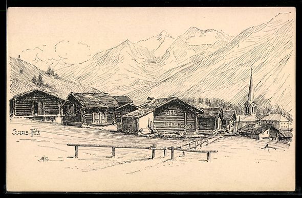 Cartoline postali: Lithographie Saas-Fee, Ort mit Chalets und Kirche – Usato da Berlin venduto da bartko-reher
