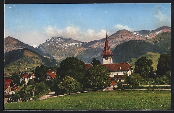 Cartoline postali: Aeschi, Totalansicht mit Kirche u. Berge – Usato da Berlin venduto da bartko-reher