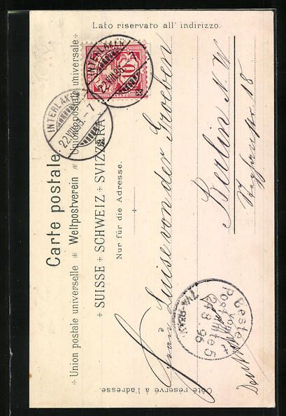 Cartoline postali: Litho Interlaken, Ortsansicht mit Bergen – Usato da Berlin venduto da bartko-reher 1