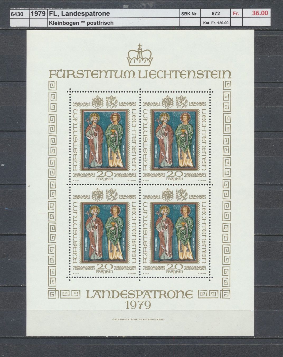 Tutti i francobolli: 1979 FL, "Landespatrone" - Kleinbogen, ** postfrisch – Nuovo (secondo la descrizione) da Winterthur venduto da Zupogeru