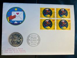 Schweiz 1999 Münzbrief 20 Fr. Silber 4er-Block FDC 150 Jahre